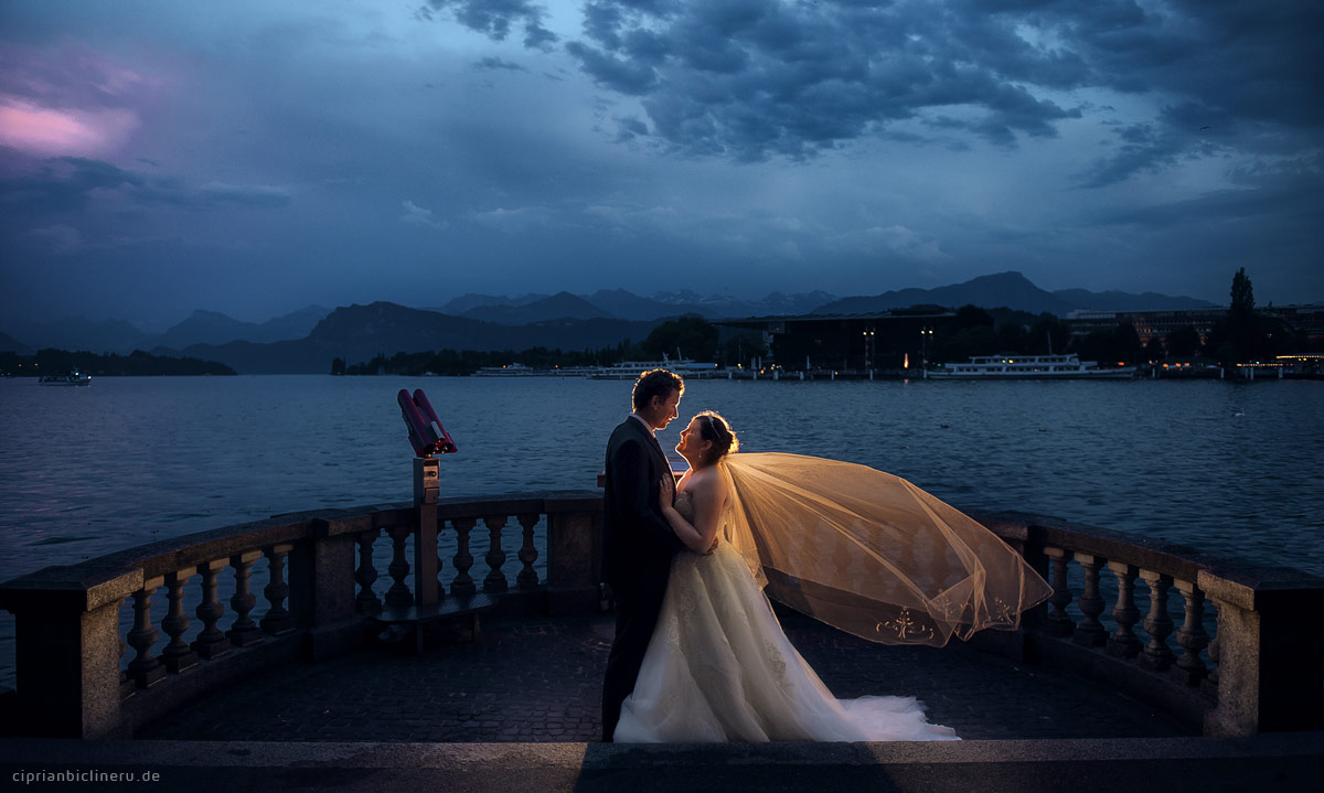 Luzern Hochzeitsfotograf macht wunderbare Abendlicht Hochzeitsfotos